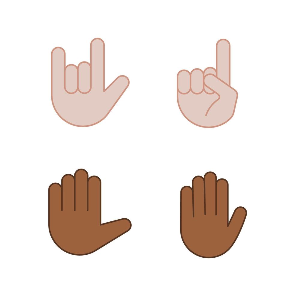 Farbsymbole für Handgesten-Emojis festgelegt. Ich liebe dich, Heavy Metal, Himmel, High Five, hör auf zu gestikulieren. Teufelsfinger, Zeigefinger nach oben, erhobene Hand. isolierte Vektorgrafiken vektor