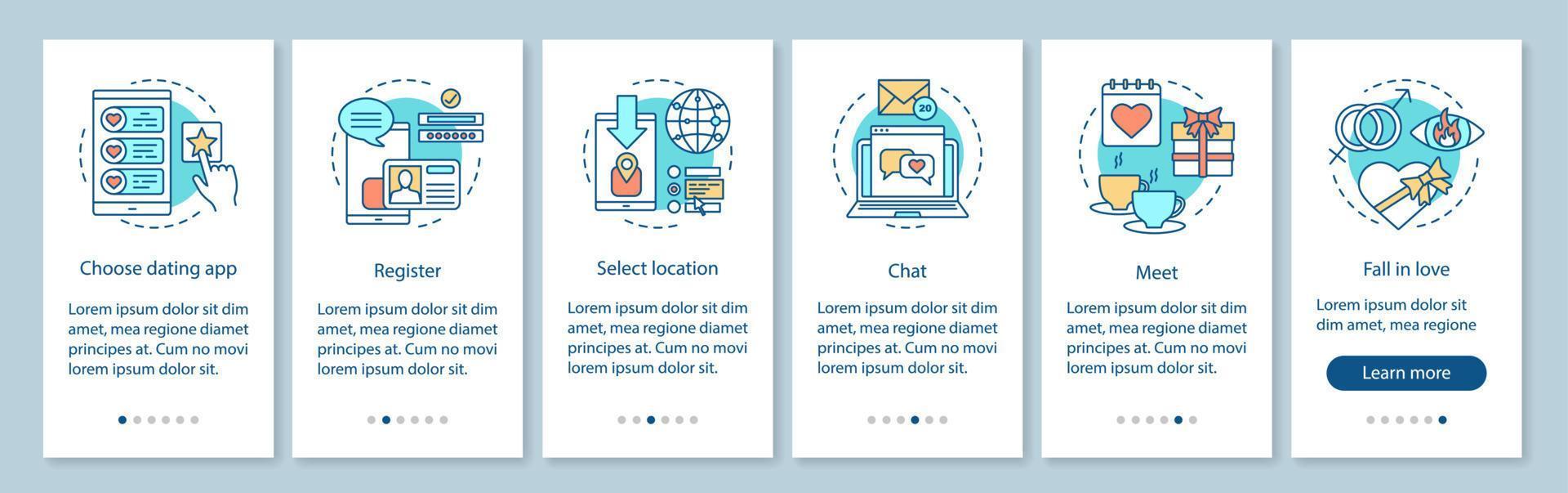 online-dating-app-onboarding-vektorvorlage für den bildschirm für mobile seiten. wählen, registrieren, standort auswählen, chatten, treffen, verlieben schritte mit linearen illustrationen. ux, ui, gui smartphone-schnittstellenkonzept vektor