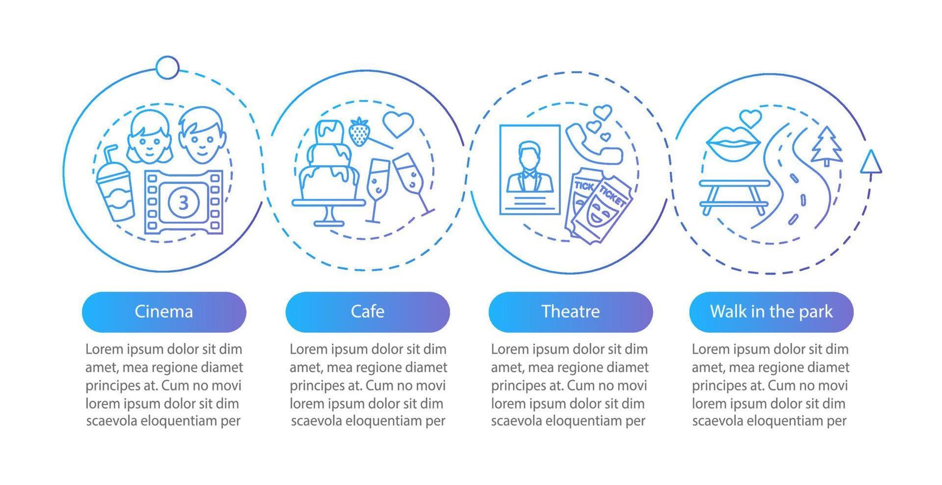 Infografik-Vorlage für den ersten Datumsvektor. Kino, Theater, Café, Parkspaziergang. Romantische Beziehung. Datenvisualisierung mit Schritten und Optionen. Diagramm der Prozesszeitleiste. Workflow-Layout mit linearen Symbolen vektor