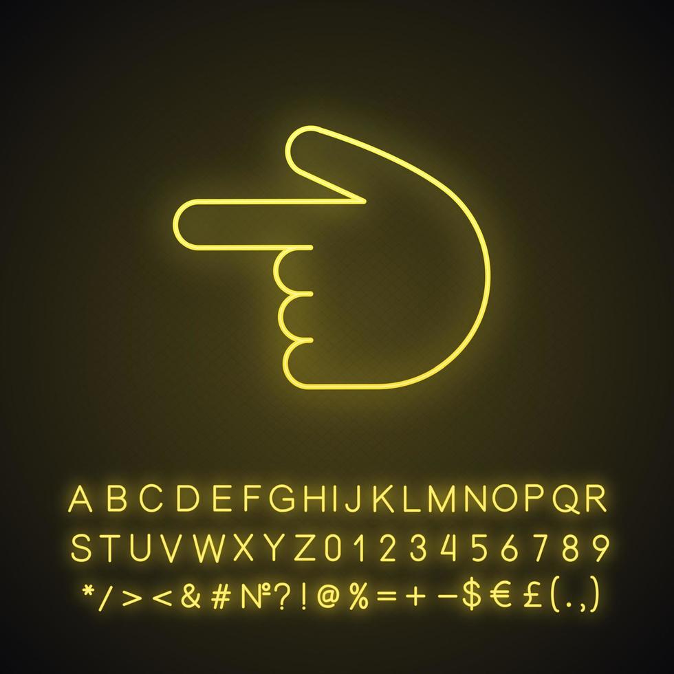 Rückhand-Index zeigt nach links Neonlicht-Symbol. linken Fingerzeiger drehen. Handgeste-Emoji. leuchtendes zeichen mit alphabet, zahlen und symbolen. vektor isolierte illustration