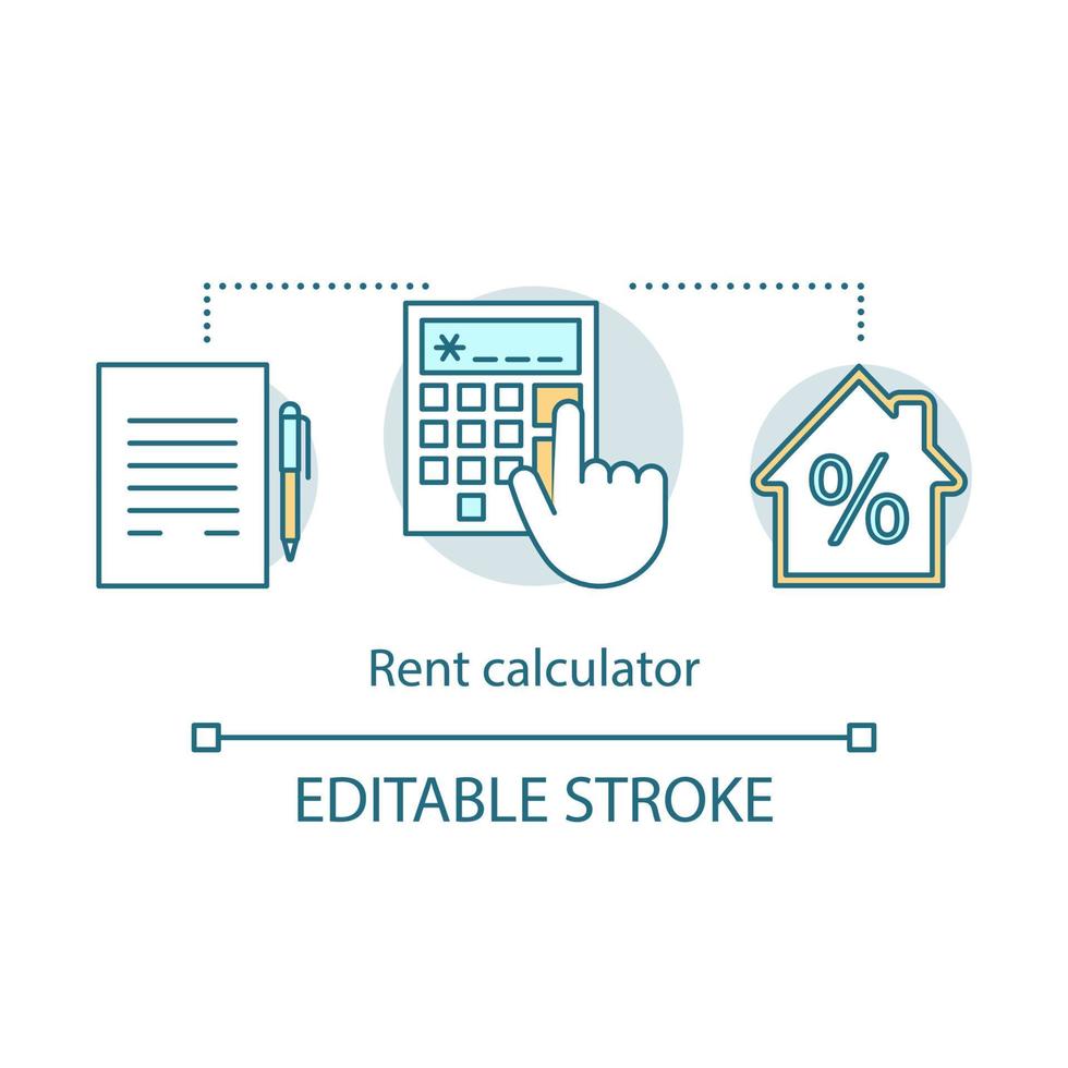 hyra kalkylator koncept ikon. hyrespriser, räntor. fastighetsaffär. hand med kalkylator, kontrakt, hus. totalprisidé tunn linjeillustration. vektor isolerade ritning. redigerbar linje