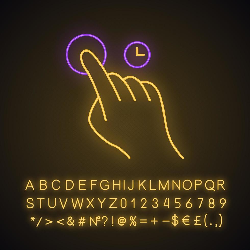 peka och håll ned en gestikulerande neonljusikon. pekskärmsgest. mänsklig hand och fingrar. med hjälp av sensoriska apparater. glödande tecken med alfabet, siffror och symboler. vektor isolerade illustration