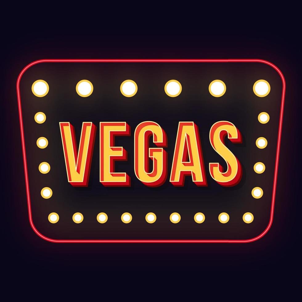 Vegas Vintage 3D-Vektor-Schriftzug. Retro Fettschrift mit leuchtendem Rahmen. Pop-Art-stilisierter Text. Buchstaben im Stil der alten Schule. 90er, 80er Poster, Banner, Typografie-Design für Schilder. dunkelblauer Hintergrund vektor