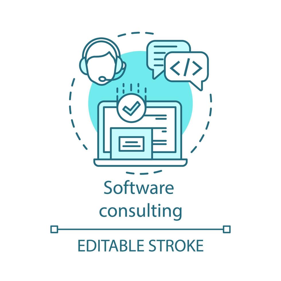 programvara konsult koncept ikon. webbspecialist idé tunn linje illustration. teknisk supporttjänst. onlinelösningar. Applikationshantering. vektor isolerade konturritning. redigerbar linje