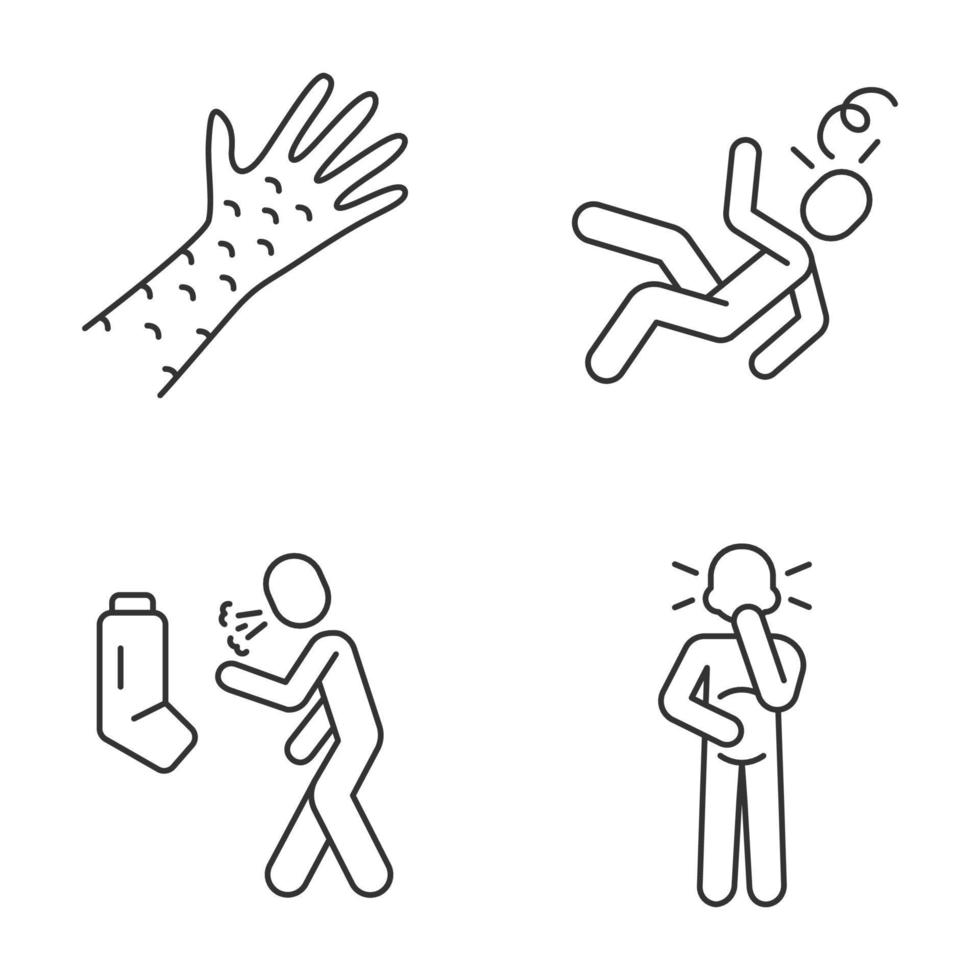 saisonale Allergiesymptome lineare Symbole gesetzt. Hautausschlag allergische Reaktion. Asthma, Bronchitis. Schwindel, Ohnmacht, Kontursymbol für dünne Linien. isolierte vektorumrissillustrationen. editierbarer Strich vektor