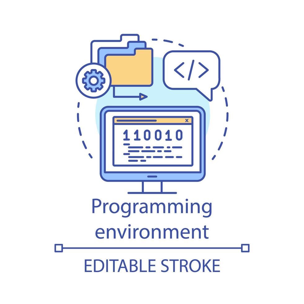 programmeringsmiljö, språk koncept ikon. mjukvaruteknik, app utveckling idé tunn linje illustration. it-industri, manusskrivning. vektor isolerade konturritning. redigerbar linje