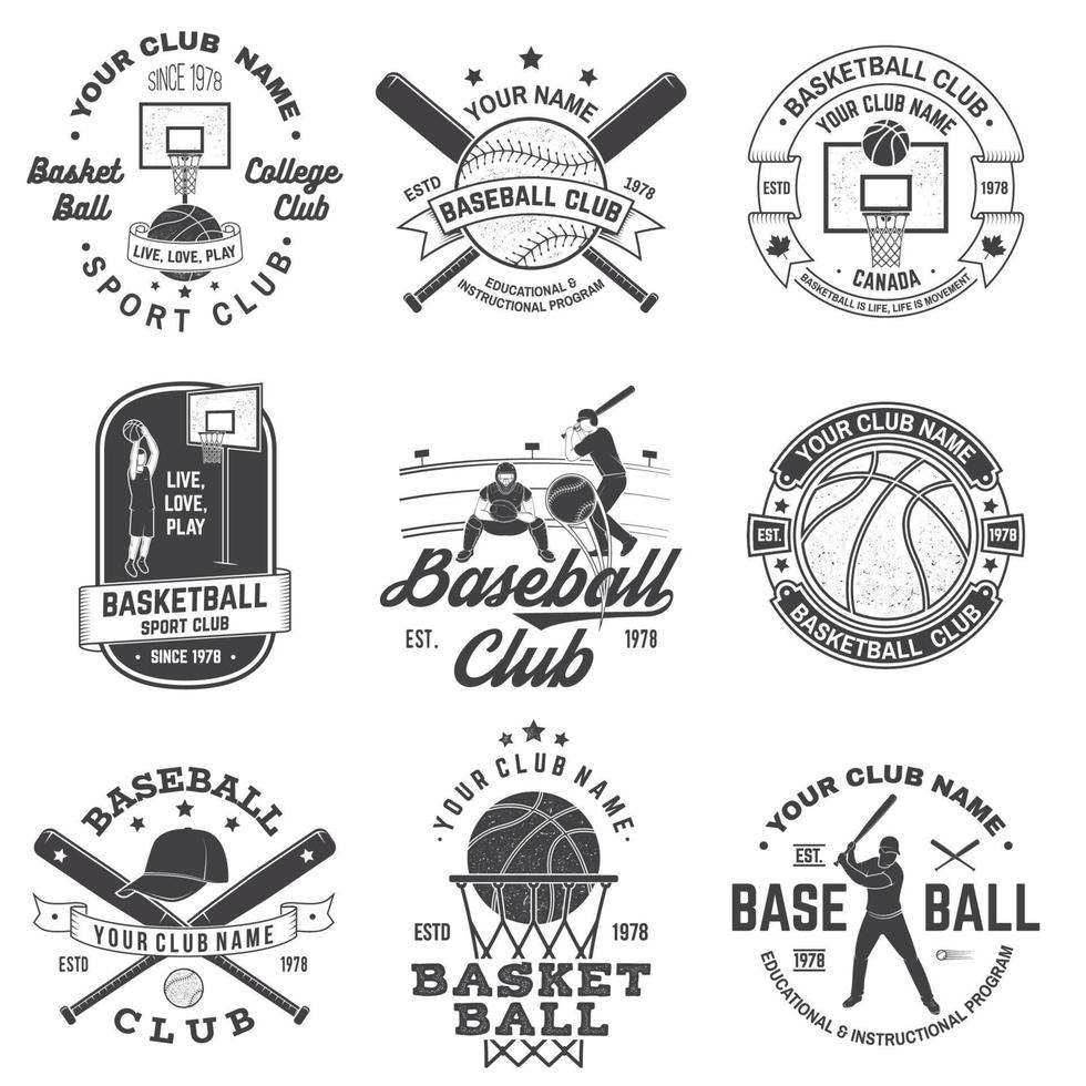 uppsättning av basket och baseball märke, emblem. vektor. koncept för skjorta, tryck, stämpel, kläder eller t-shirt. vintage design med basketspelare, basebollspelare och sportutrustning siluett. vektor