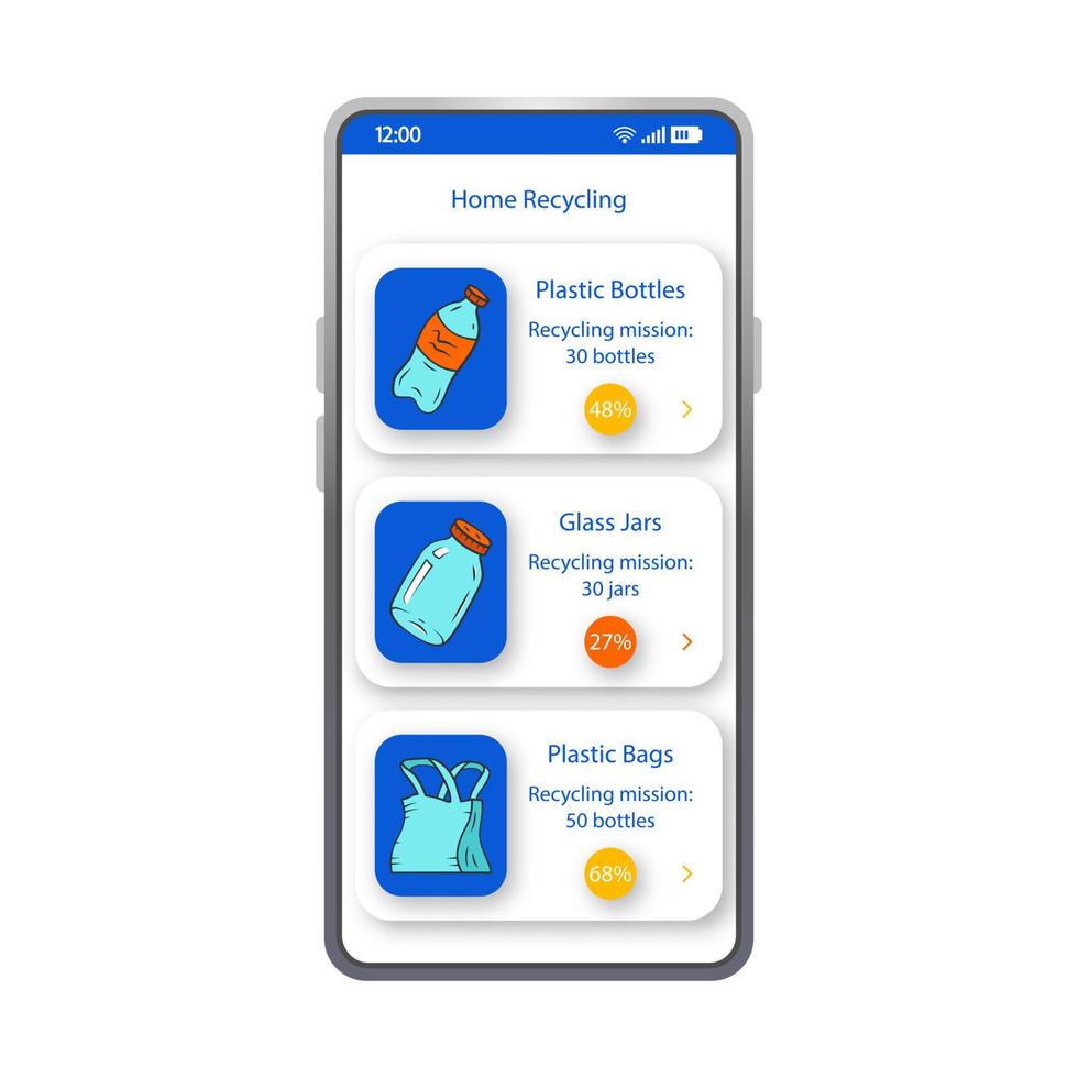 hemåtervinning app smartphone gränssnitt vektor mall. mobil avfallshantering app sida vit design layout. platt ui miljövänlig applikation. plastflaskor, glasburkar, plastpåsar telefondisplay