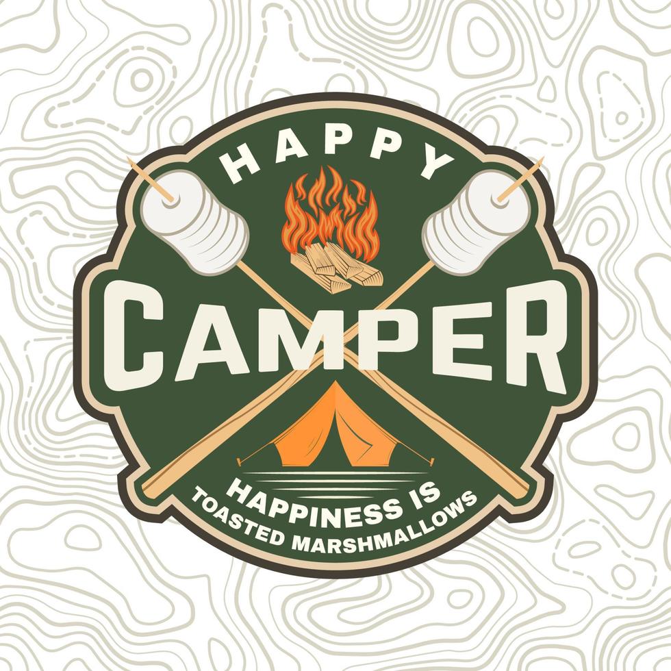 Fröhlicher Camper-Patch. Glück sind geröstete Marshmallows. Vektor. vintage typografie design mit campingzelt, lagerfeuer, marshmallow auf einer stocksilhouette. vektor