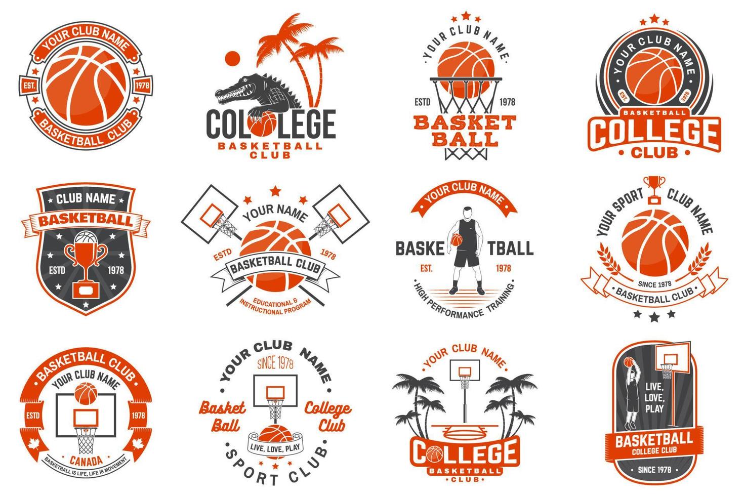 Set von Basketballclub-Abzeichen. Vektor. konzept für hemd, druck, stempel oder t-stück. Vintage-Typografie-Design mit Basketballspieler, Reifen und Ballsilhouette. vektor