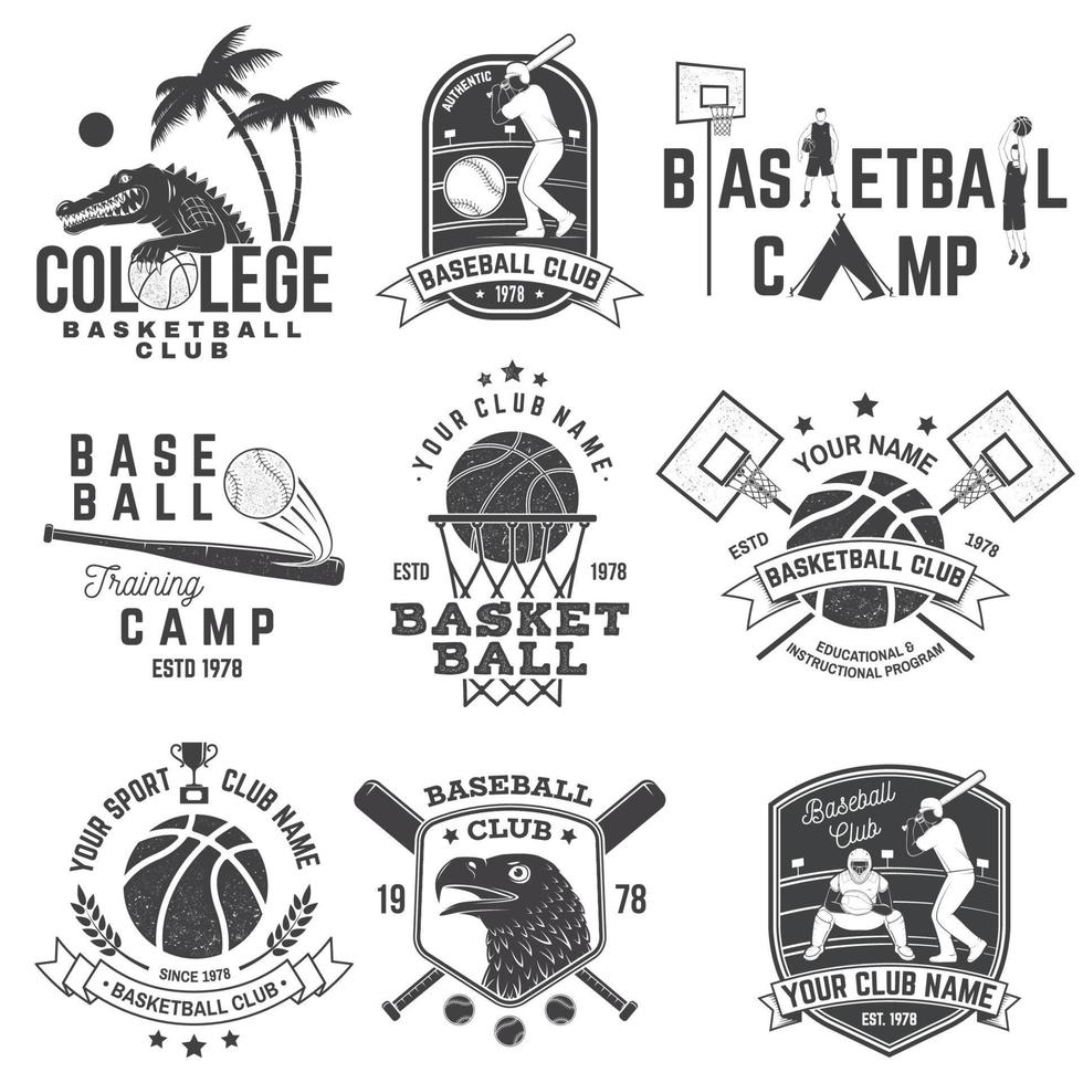uppsättning av basket och baseball märke, emblem. vektor. koncept för skjorta, tryck, stämpel, kläder eller t-shirt. vintage design med basketspelare, basebollspelare och sportutrustning siluett. vektor