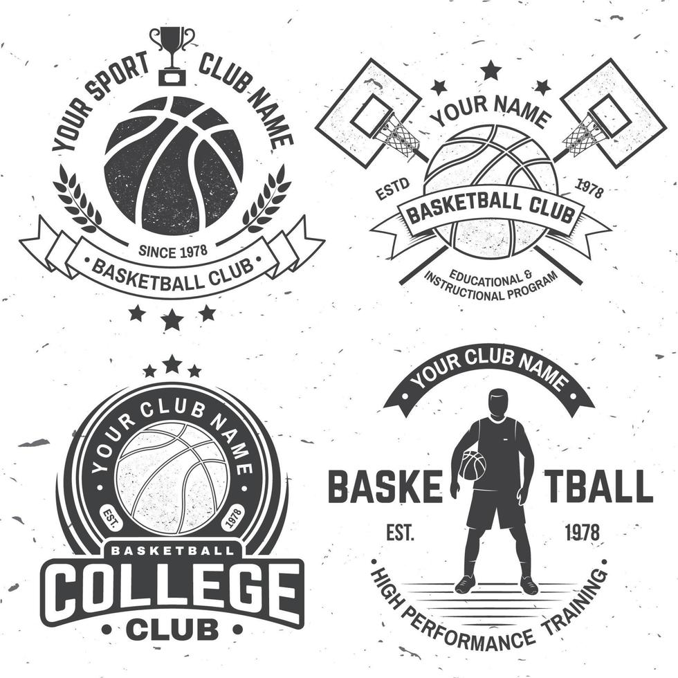 Satz Basketball-College-Club-Abzeichen. Vektor-Illustration. konzept für hemd, stempel oder t-stück. Vintage-Typografie-Design mit Basketballkorb, Spieler und Basketballball-Silhouette. vektor