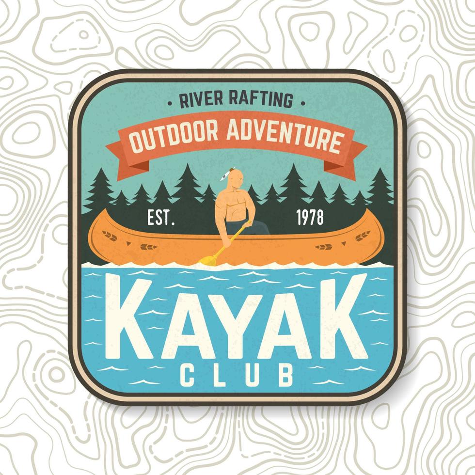 Kajakclub-Patch. Vektor-Illustration. konzept für hemd, stempel oder t-stück. Vintage-Typografie-Design mit Kajakfahrer-Silhouette. extremer Wassersport. Outdoor-Abenteuer-Embleme, Kajak-Patches. vektor