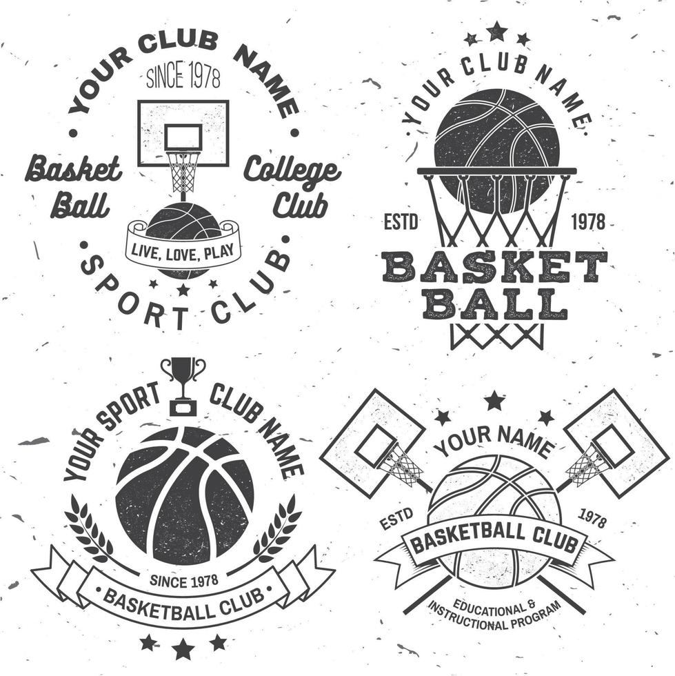 Satz Basketball-College-Club-Abzeichen. Vektor-Illustration. konzept für hemd, druck oder t-stück. Vintage-Typografie-Design mit Basketballkorb und Basketballball-Silhouette. vektor