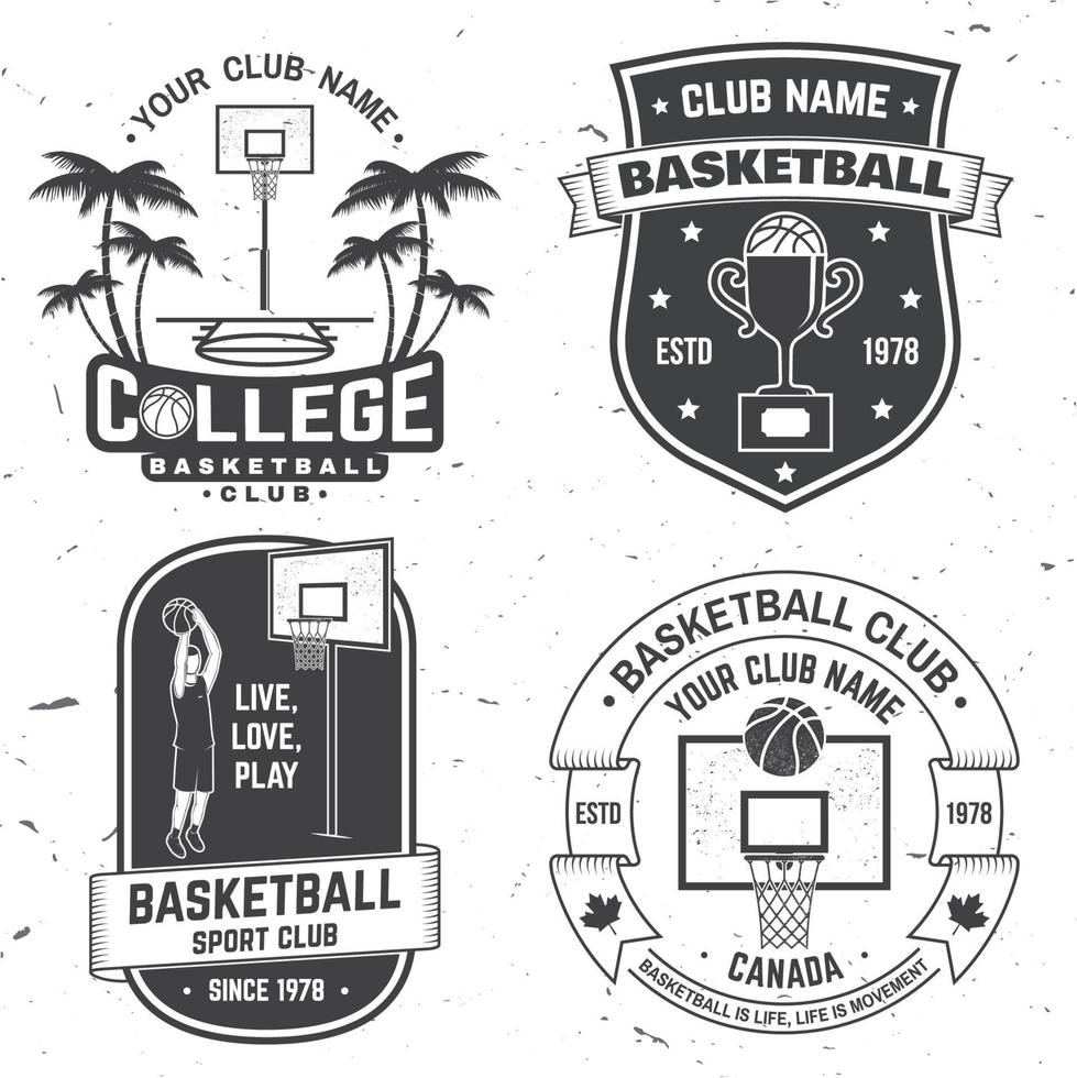 Set von Basketballclub-Abzeichen. Vektor. konzept für hemd, druck, stempel oder t-stück. Vintage-Typografie-Design mit Basketballspieler, Reifen und Ballsilhouette. vektor