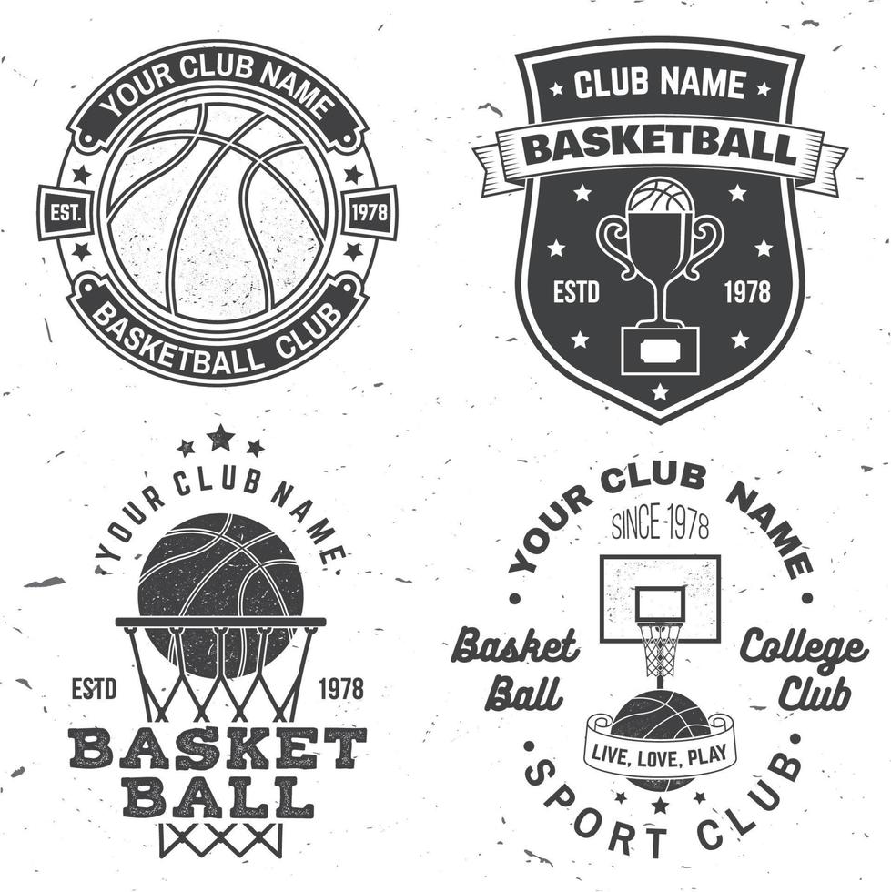 uppsättning av basket college club märke. vektor illustration. koncept för skjorta, tryck eller t-shirt. vintage typografidesign med basketkorg och basketbollsilhuett.