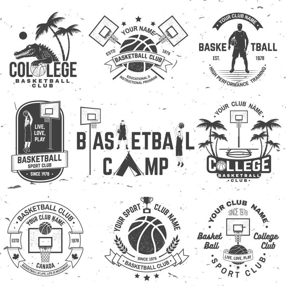 Satz Basketball-College-Club-Abzeichen. Vektor. konzept für hemd, druck, stempel oder t-stück. Vintage-Typografie-Design mit Krokodil- und Basketballball-Silhouette. vektor