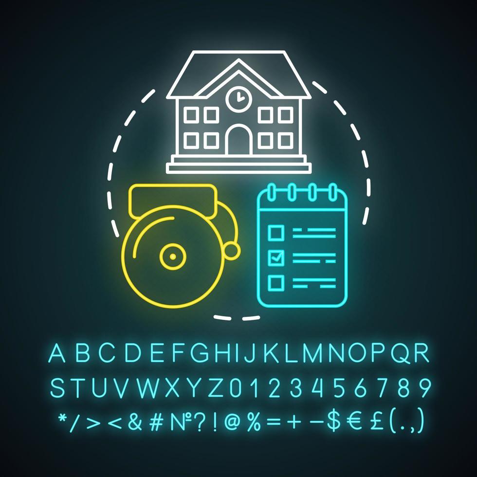 schulplan, stundenplan neonlichtkonzept symbol. idee zur organisation von bildungsprozessen. leuchtendes zeichen mit alphabet, zahlen und symbolen. isolierte illustration des schulhauses, der glocke und des notizblockvektors vektor