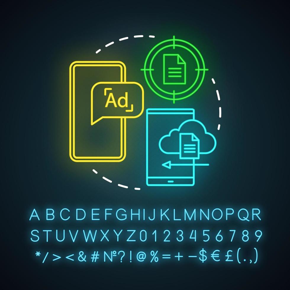 Tipps oder ähnliche Serien E-Mails Symbol für Neonlicht. E-Mail-Automatisierungsserie. digitales Marketing. Abonnenten Nachrichten. leuchtendes zeichen mit alphabet, zahlen und symbolen. vektor isolierte illustration