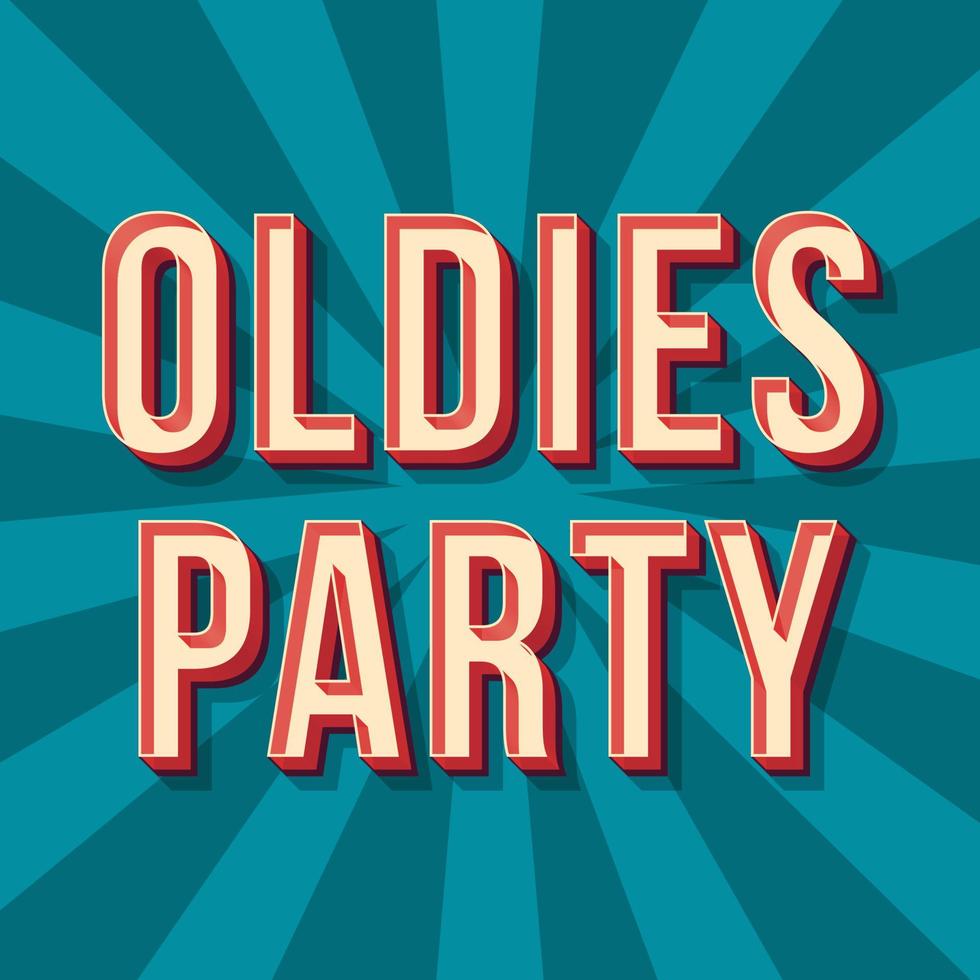 oldies party vintage 3d vektor bokstäver. retro konsert fetstil, typsnitt. popkonst stiliserad text. bokstäver i gammal skolstil. 90-, 80-talsaffisch, banderoll. blå nyanser strålar färg bakgrund