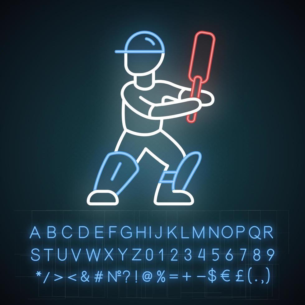 cricket-spieler-neonlicht-symbol. Schlagmann bereit, sich außerhalb des Spielfelds zu wehren. Kricketspieler in Uniform, Beinpolster mit Schläger. Teamspiel. leuchtendes zeichen mit alphabet, zahlen und symbolen. vektor isolierte illustration