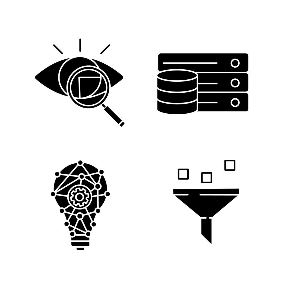 Glyphensymbole für maschinelles Lernen festgelegt. Netzhautscan, Datenbank, Innovationsprozess, Datenfilterung. Silhouettensymbole. vektor isolierte illustration