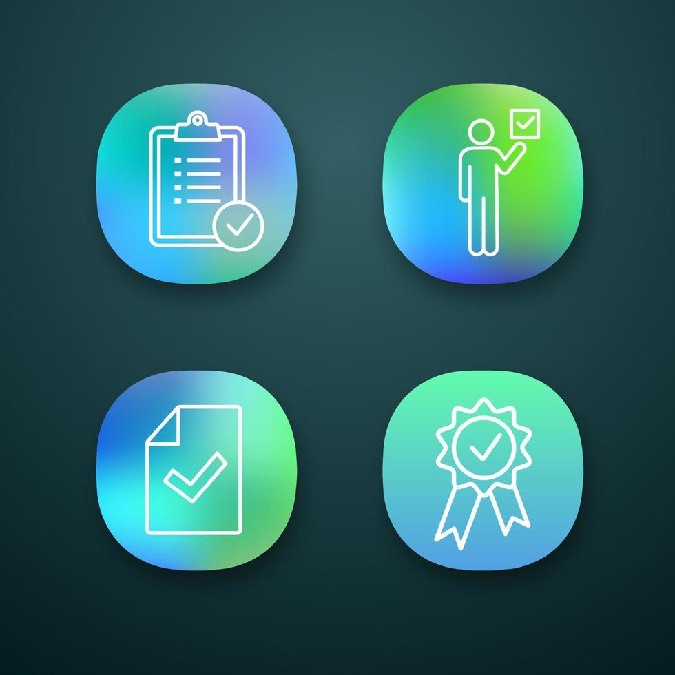 App-Icons genehmigen. Verifizierung und Validierung. Aufgabenplanung, Wähler, Dokumentenprüfung, Verleihungsmedaille. ui ux-benutzeroberfläche. Web- oder mobile Anwendungen. Vektor isolierte Illustrationen