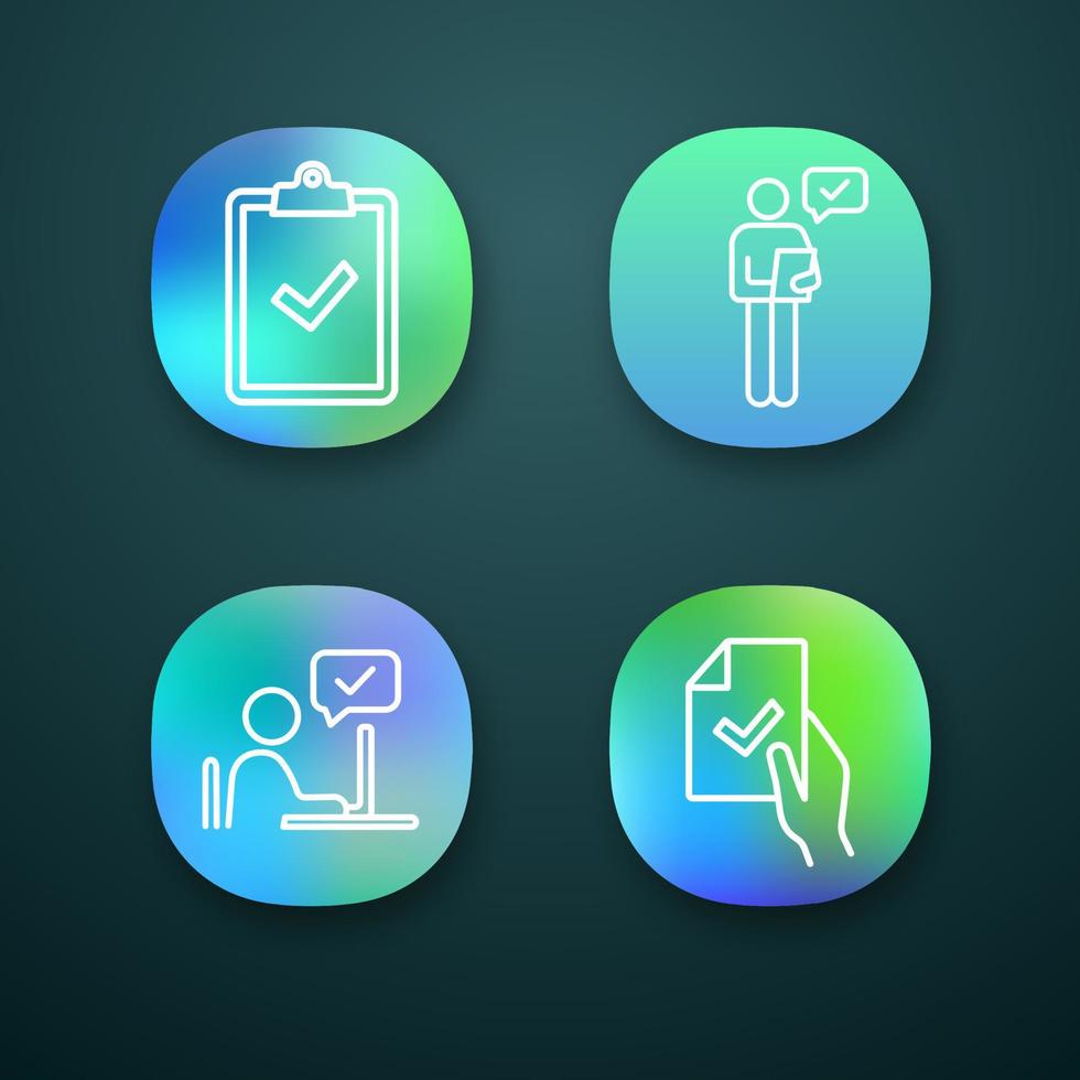 App-Icons genehmigen. Verifizierung und Validierung. zwischenablage mit häkchen, personenüberprüfungsdokument, vertragsunterzeichnung, genehmigungschat. ui ux-benutzeroberfläche. Vektor isolierte Illustrationen