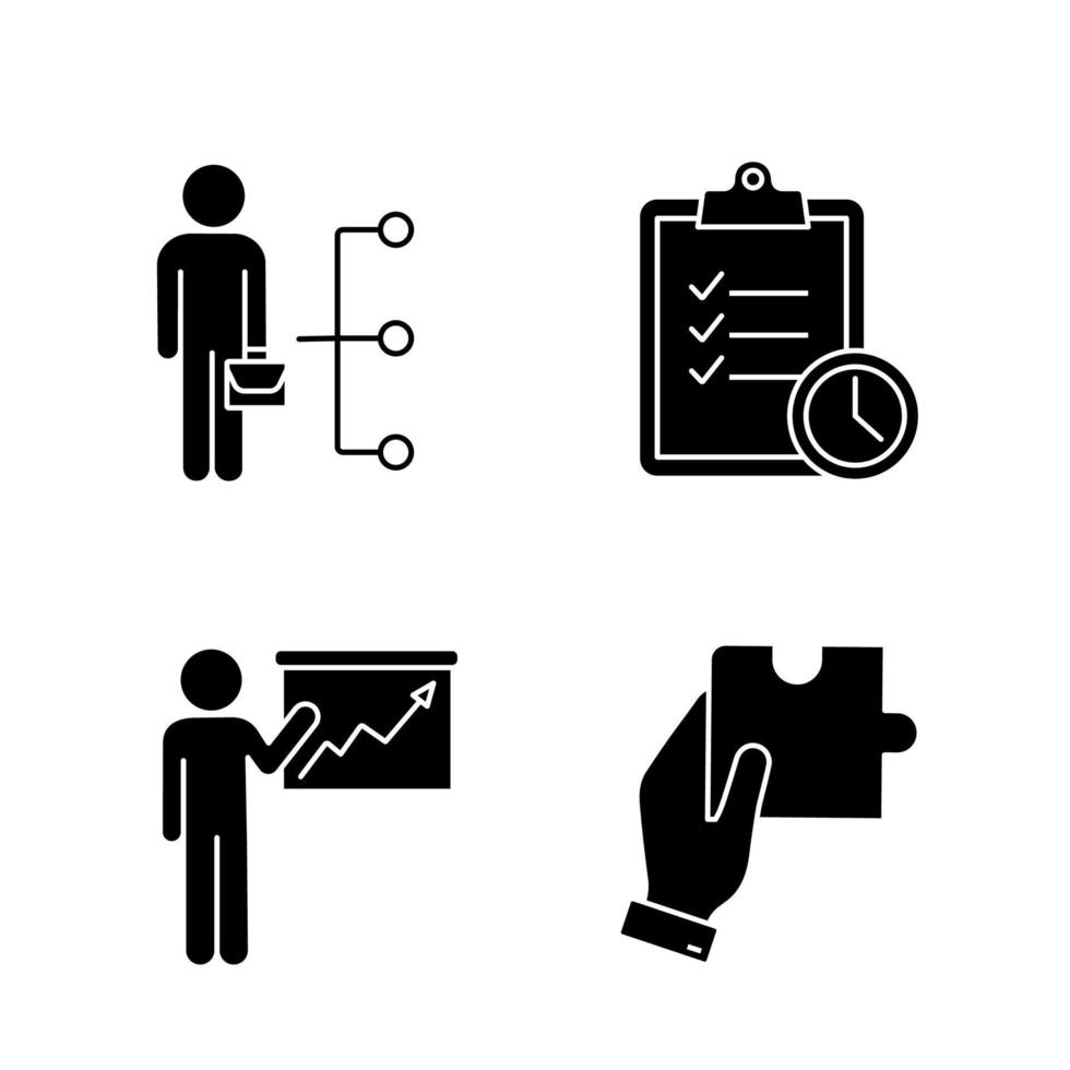 Glyphensymbole für die Unternehmensführung festgelegt. Mitarbeiterkompetenz, Zeitmanagement, Präsentation, Lösungsfindung. Silhouettensymbole. vektor isolierte illustration