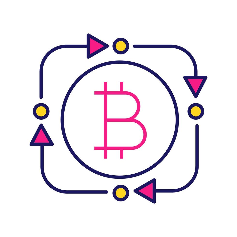 bitcoin utbyte färgikon. digital valutatransaktion. cirkelpilar med bitcoin inuti. återbetalning cryptocurrency kontur symbol. fintech och big data. isolerade vektor illustration