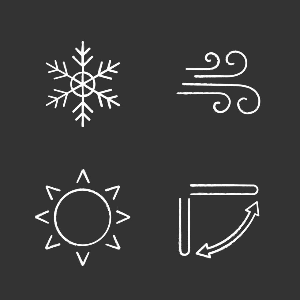 luftkonditionering krita ikoner set. snöflinga, luftflöde, sol, luftkonditioneringsgaller. isolerade svarta tavlan vektorillustrationer vektor