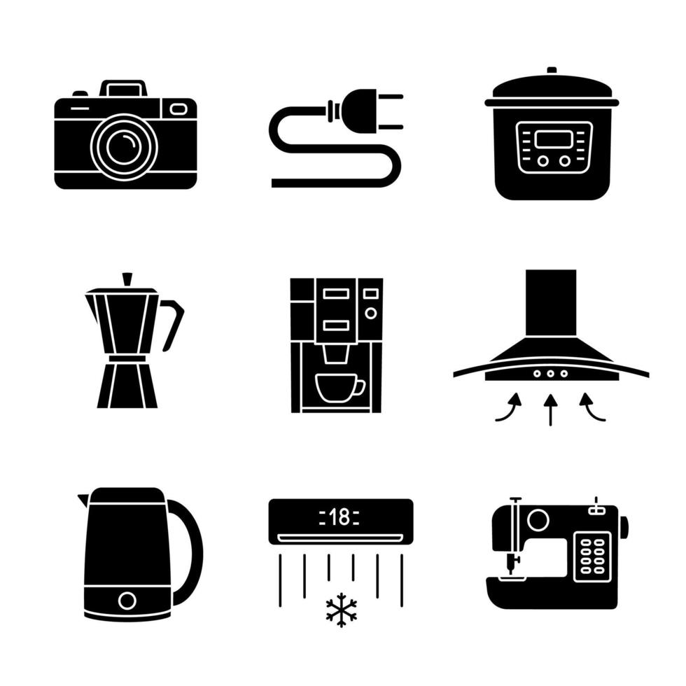 Glyphensymbole für Haushaltsgeräte. Fotokamera, Steckdose, Multikocher, Kaffeemaschine, Dunstabzugshaube, Wasserkocher, Kaffeemaschine, Klimaanlage, Nähmaschine. Silhouettensymbole vektor