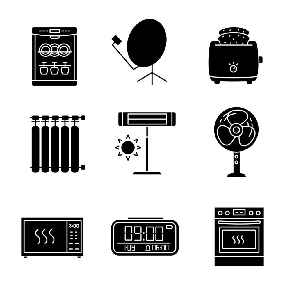 Glyphensymbole für Haushaltsgeräte festgelegt. Geschirrspüler, Satellitenschüssel, Toaster, Heizkörper, Infrarotheizung, Ventilator, Mikrowelle, Digitaluhr, Herd. Silhouettensymbole. vektor isolierte illustration