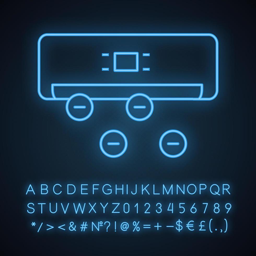 Symbol für Neonlicht des Luftionisators. Ionisation. Klimaanlage mit Ionen. leuchtendes zeichen mit alphabet, zahlen und symbolen. vektor isolierte illustration