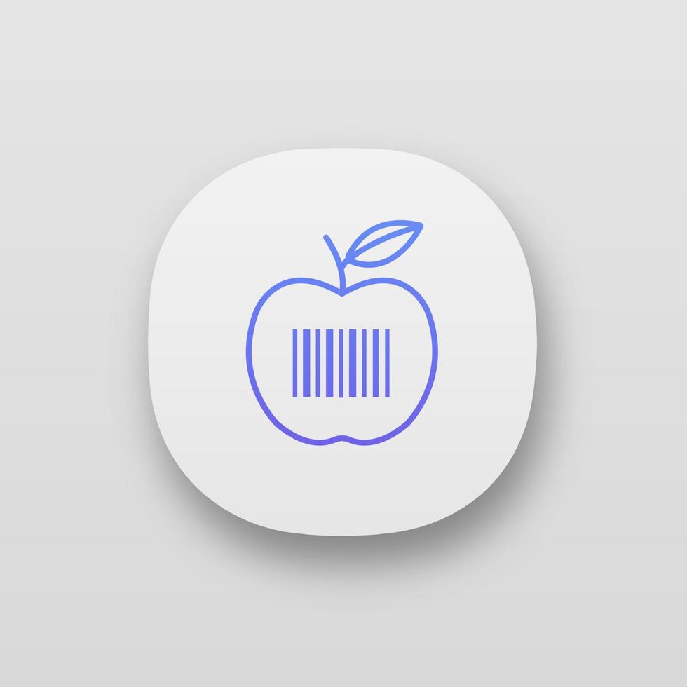 Produkt-Barcode-App-Symbol. Apfel mit linearem Strichcode. Einzelhandel, Waren. Lebensmittelmarkt. Barcode-Identifikation. ui ux-Benutzeroberfläche. Web- oder mobile Anwendung. vektor isolierte illustration