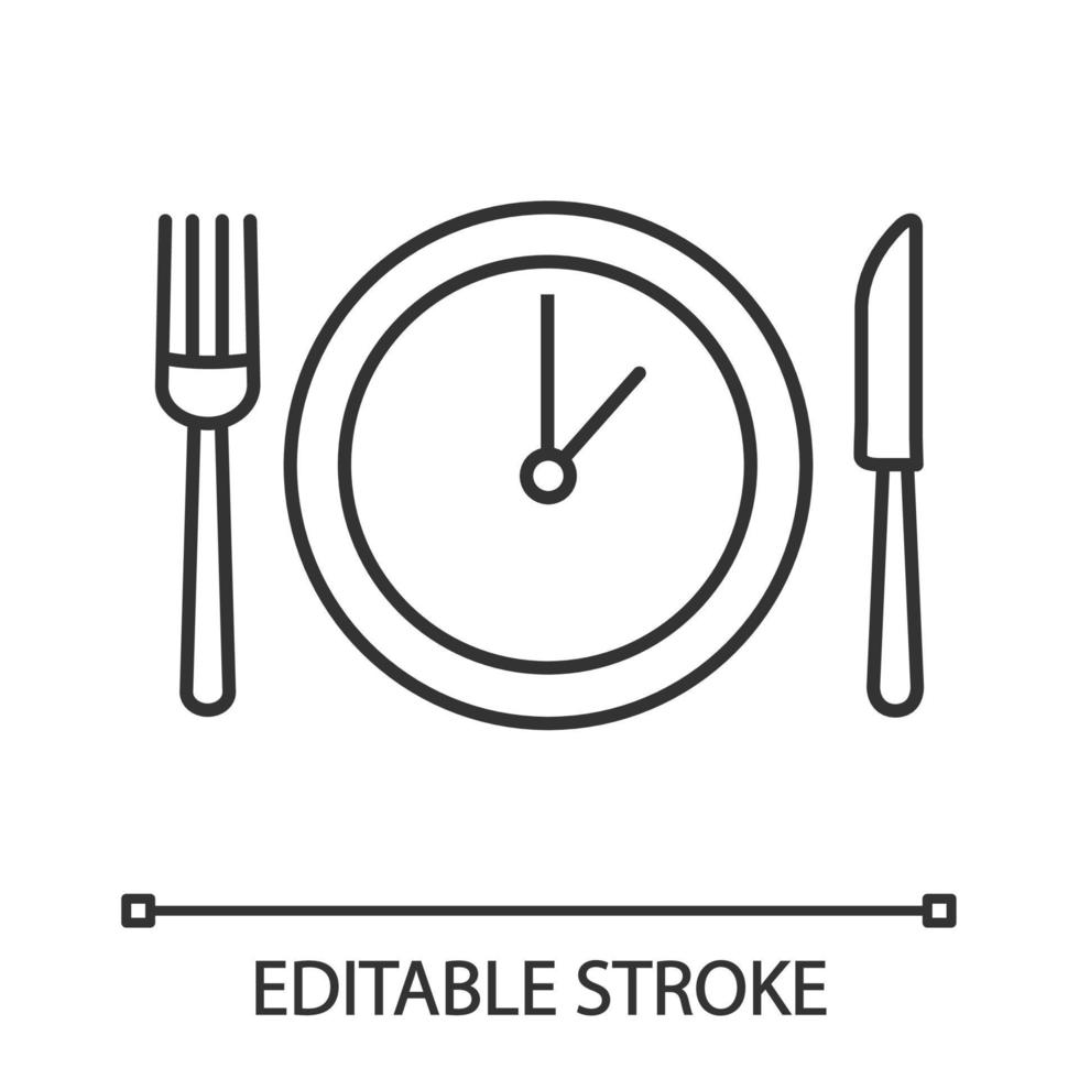 lunch tid linjär ikon. middagsrast. tunn linje illustration. affärsmöte på eftermiddagen. affärslunch. bordskniv, gaffel och tallrik med klocka. vektor isolerade konturritning. redigerbar linje