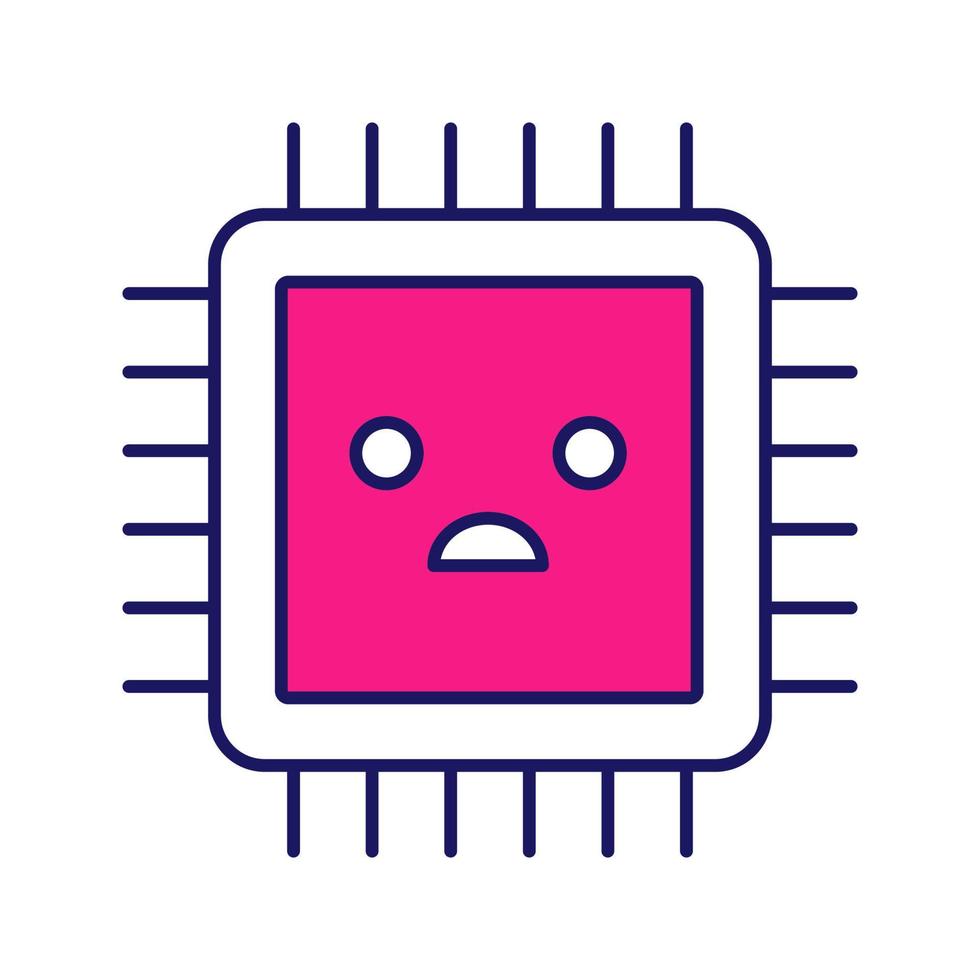 Symbol für traurige Prozessorfarbe. schlechter Prozessor. Ausfall des Mikroprozessors. Probleme mit der Zentraleinheit. Computer, Telefon Multi-Core-Prozessor. Integrierter Schaltkreis. isolierte Vektorillustration vektor