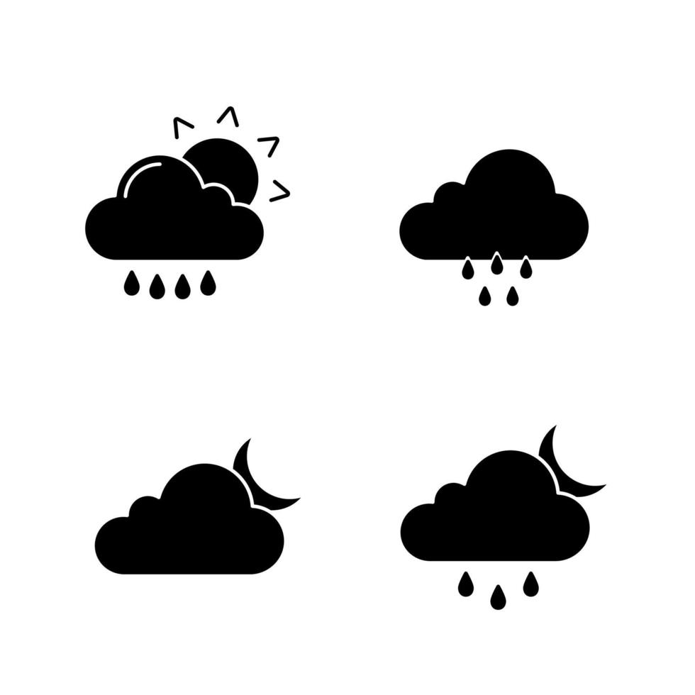 väderprognos glyfikoner set. regn med sol, regnigt väder, molnig natt, duggregn och spridd skur. siluett symboler. vektor isolerade illustration