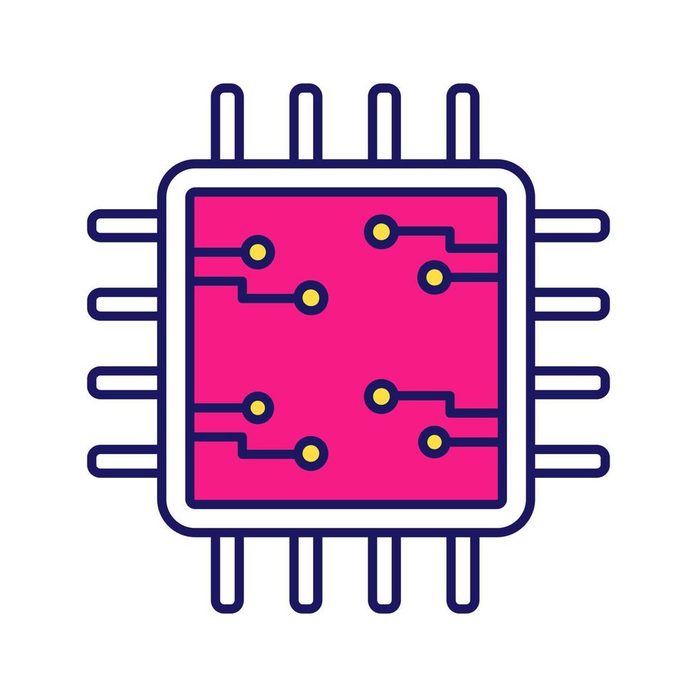 Prozessor mit Farbsymbol für elektronische Schaltkreise. Mikroprozessor mit Mikroschaltungen. Chip, Mikrochip, Chipsatz. Zentralprozessor. zentrale Recheneinheit. Integrierter Schaltkreis. isolierte Vektorillustration vektor