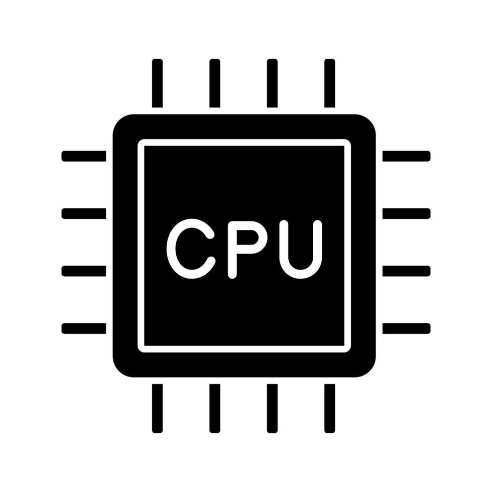 cpu glyfikon. siluett symbol. elektroniskt mikrochip, chipset, chip. centrala behandlingsenheten. dator, telefonprocessor. integrerad krets. negativt utrymme. vektor isolerade illustration