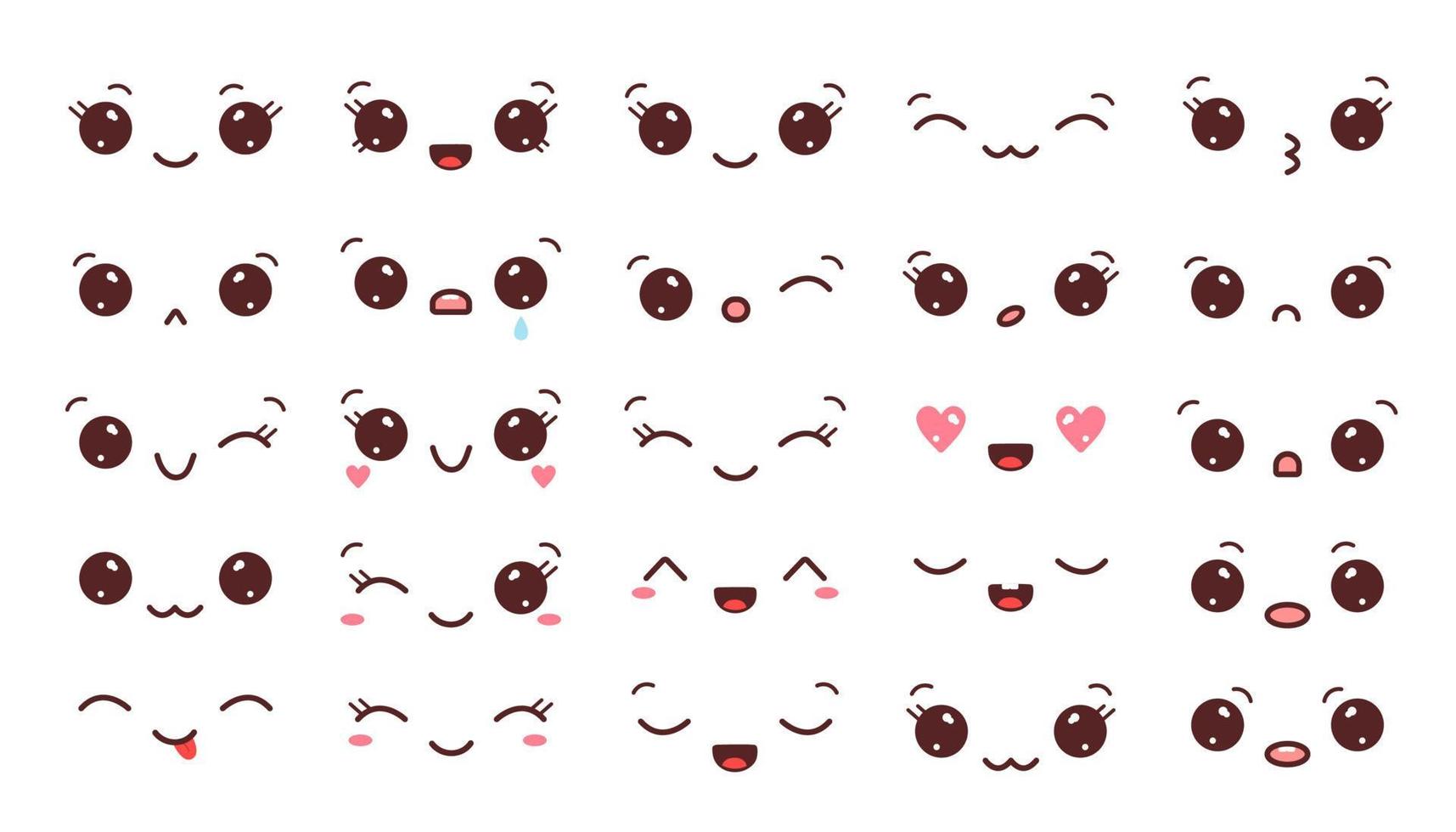 Reihe von Kawaii-Gesichtern. sammlung von kawaii augen und mündern mit unterschiedlichen emotionen. Vektor-Illustration isoliert auf weißem Hintergrund vektor