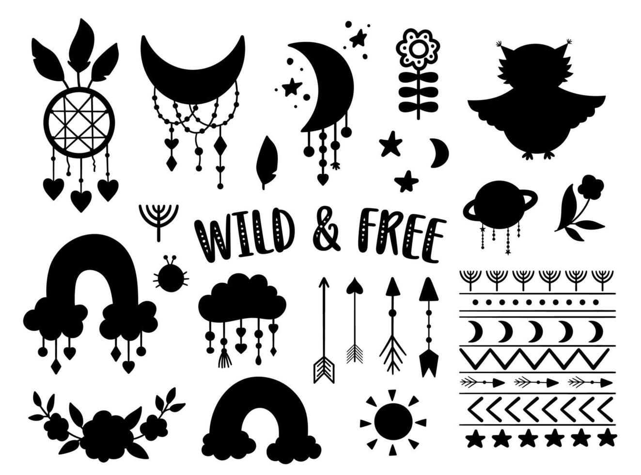 Vektor wilde und kostenlose Silhouetten-Sammlung. Set mit böhmischen Schwarz-Weiß-Illustrationen. halbmond, planet, traumfänger, blumen, pfeile, eule isoliert auf weiß. Baby-Boho-Icons-Pack