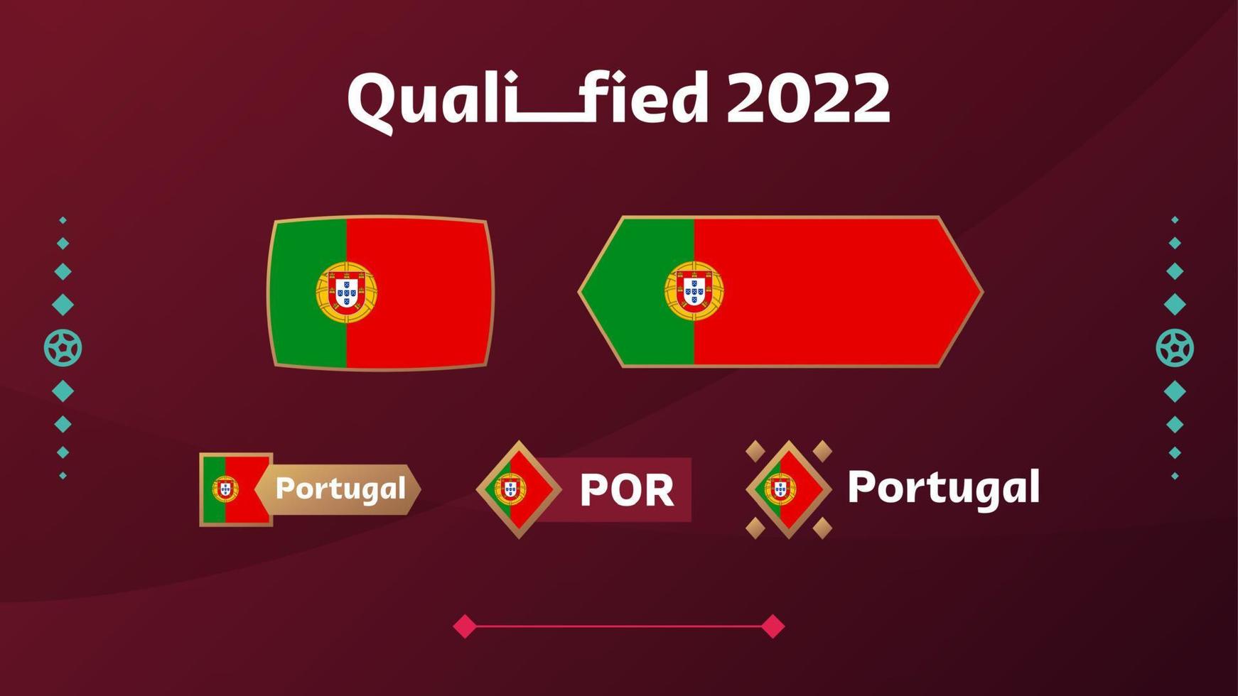 satz der portugiesischen flagge und des textes auf dem hintergrund des fußballturniers 2022. Vektor-Illustration Fußballmuster für Banner, Karten, Website. Nationalflagge portugal vektor