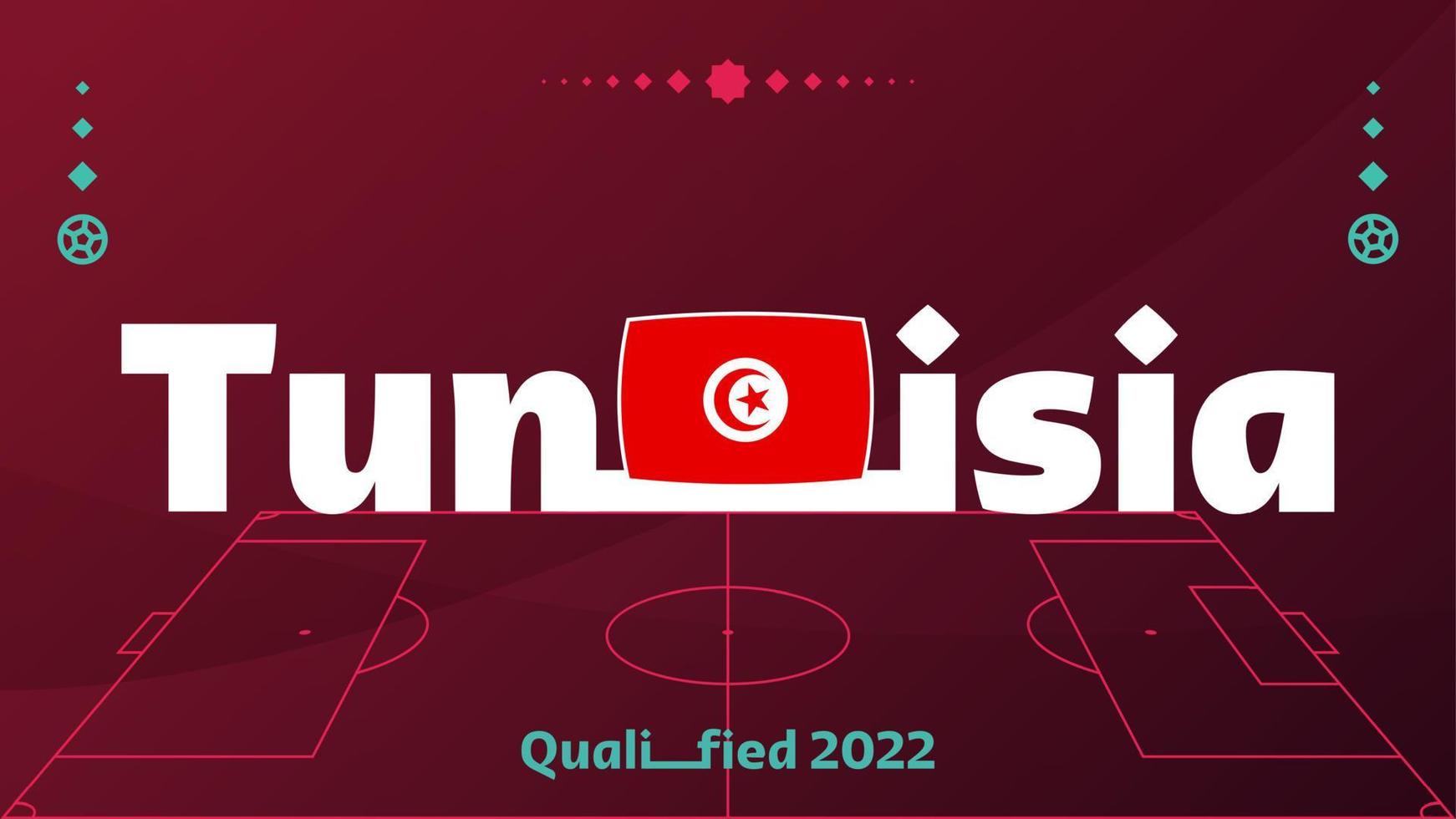 Tunisiens flagga och text på bakgrund av fotbollsturnering 2022. vektor illustration fotboll mönster för banner, kort, webbplats. tunisiens nationella flagga