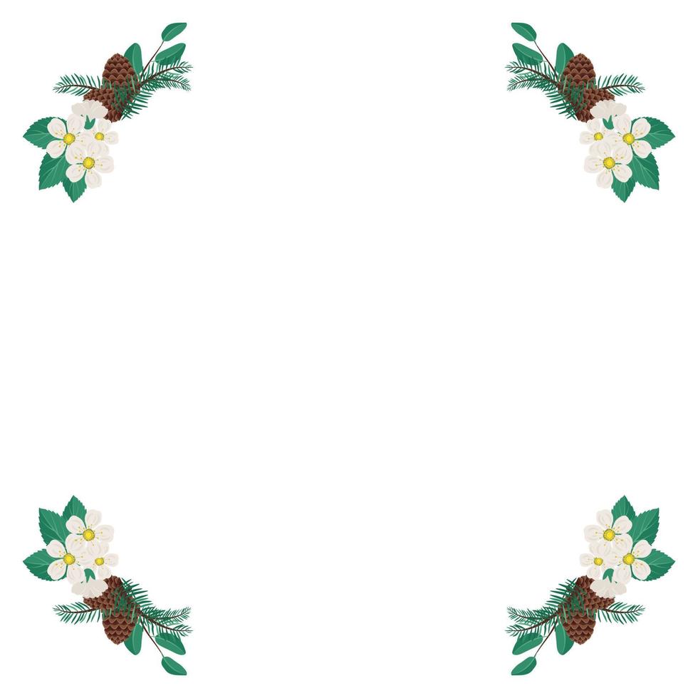 ram av körsbär eller äppelvita blommor med granbarr och kottar. vårblommande sammansättning eller ram med löv. festlig dekoration för bröllop, semester och vykort. platt vektor illustration