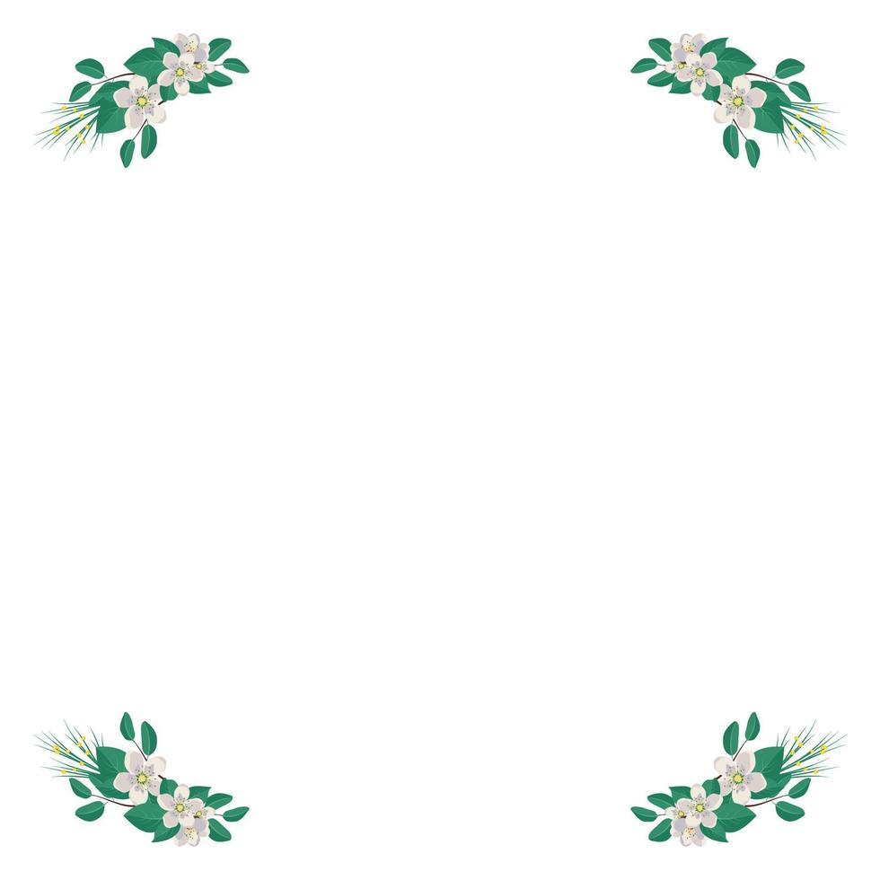 ram av körsbär eller äppelträd vita blommor. vårblommande sammansättning med knoppar och löv. festlig dekoration för bröllop, semester, vykort och design. platt vektor illustration