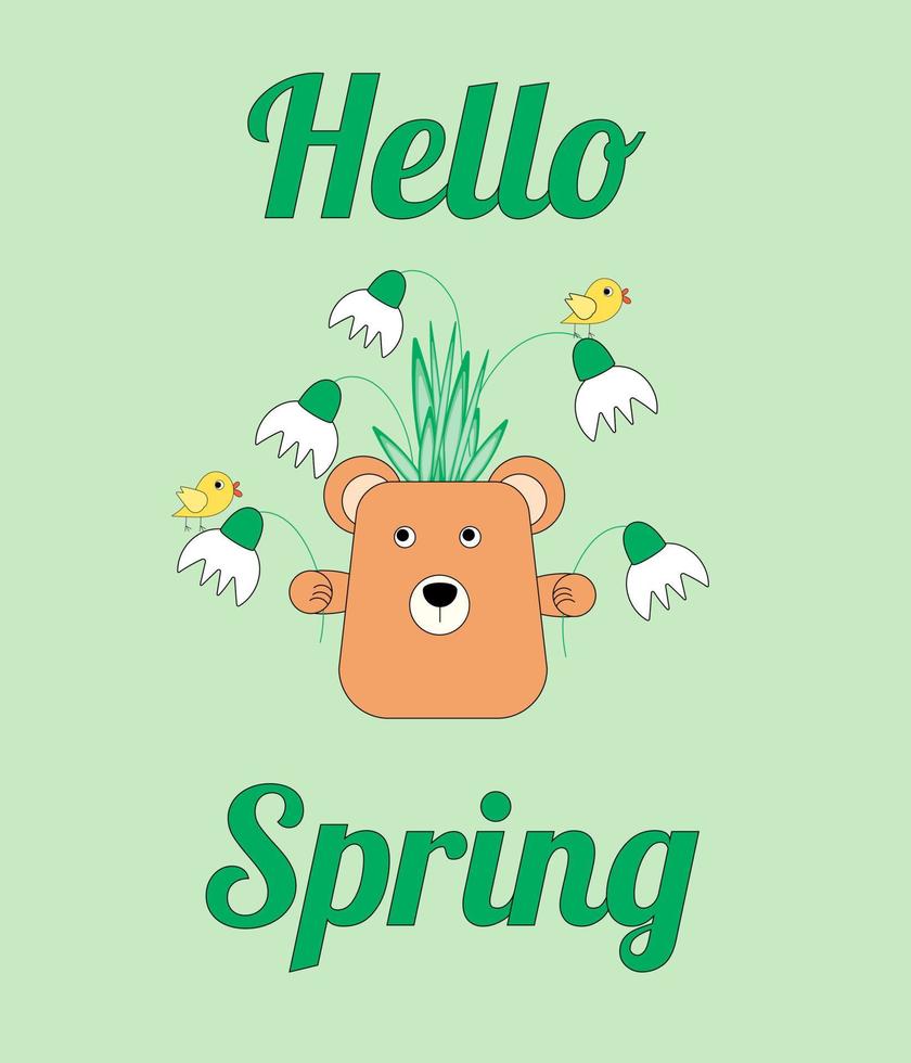 süße Frühlingskarte mit Schneeglöckchen, Vögeln und einer Vase in Form eines Bären. flache vektorillustration. vektor