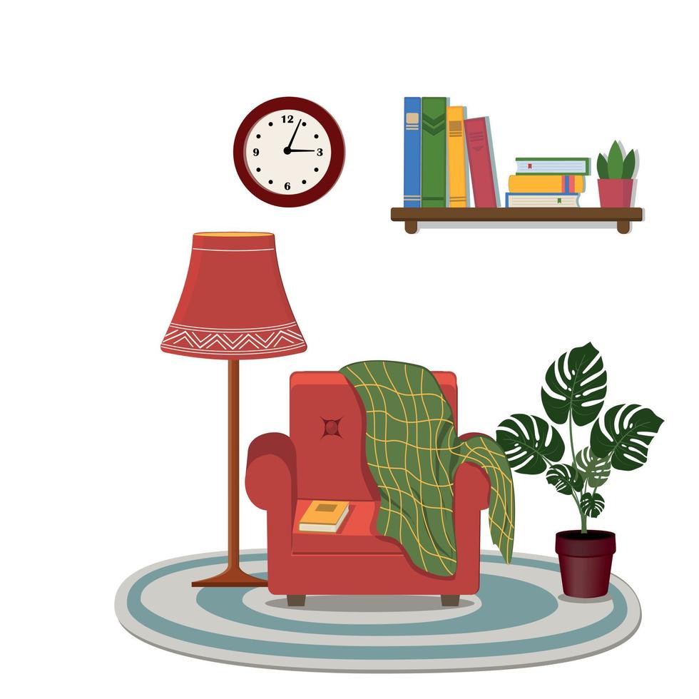 wohninnensessel, lampe, uhr und bücherregal, farbvektorillustration flach vektor