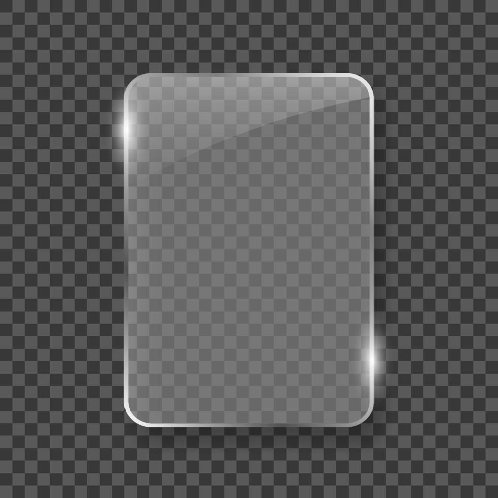realistische glasplatte auf transparentem hintergrund. silbernes vertikales rechteckiges Rahmenglas für Dekoration und Verkleidung. Klare, glänzende Rahmenglasstruktur mit glänzendem Effekt. isolierte Vektorillustration vektor