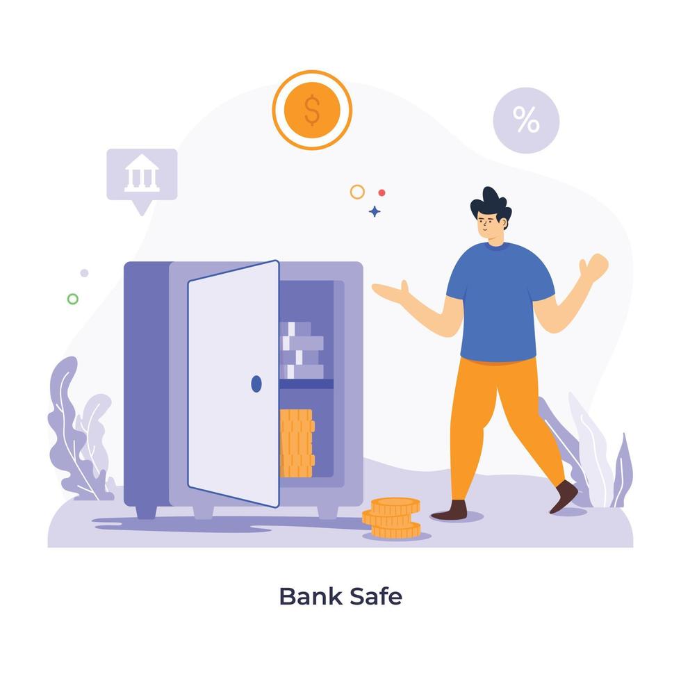 person, die geld in den banksafe legt, flache illustration vektor